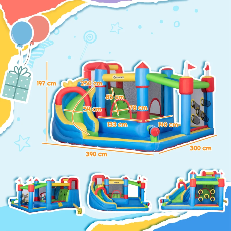 Outsunny Castillo Inflable Infantil con Tobogán Cama de Salto Piscina Muro de Escalada Inflador 390x300x197 cm Multicolor
