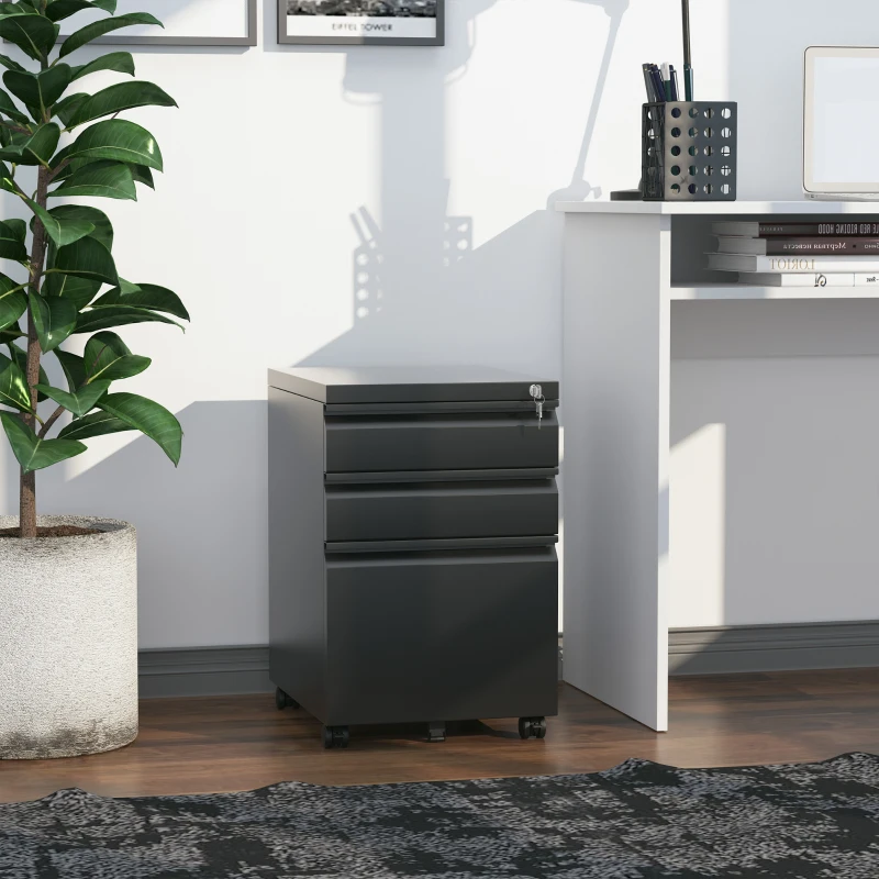 Vinsetto 3 Drawer Filling Cabinet, Mobile Metal File Cabinet with Anti-tilt Design for Letter, A4, Legal Size, Black