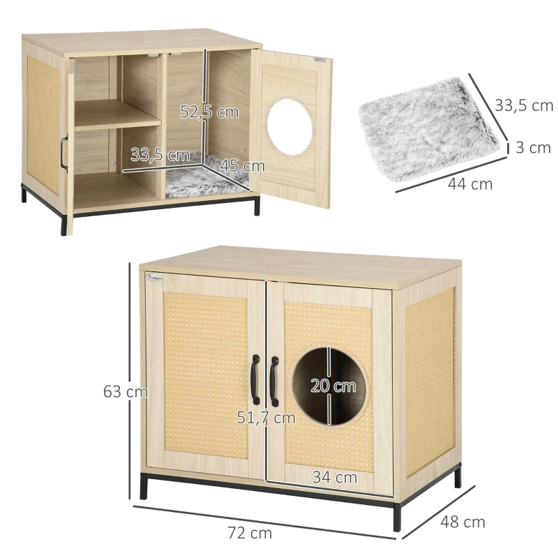PawHut Meuble maison de toilette pour chat 2 en 1 niche cabane pour chat meuble cache litière chat avec double porte châssis Acier Panneaux Particules Aspect Bois Clair