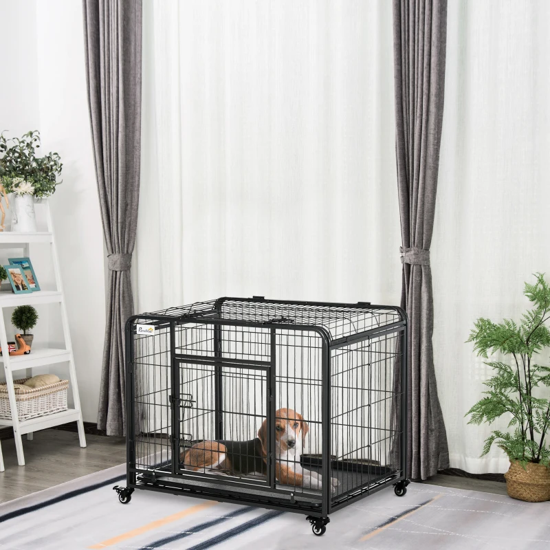 PawHut Cage pour chien pliable cage de transport sur roulettes 2 portes verrouillables plateau amovible dim. 94L x 58l x 69,5H cm métal gris noir