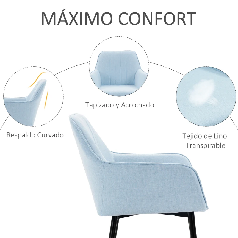 HOMCOM Pack de 2 Sillas de Cocina con Respaldo Reposabrazos y Patas de Metal para Salón 59,5x56,5x81 cm Azul