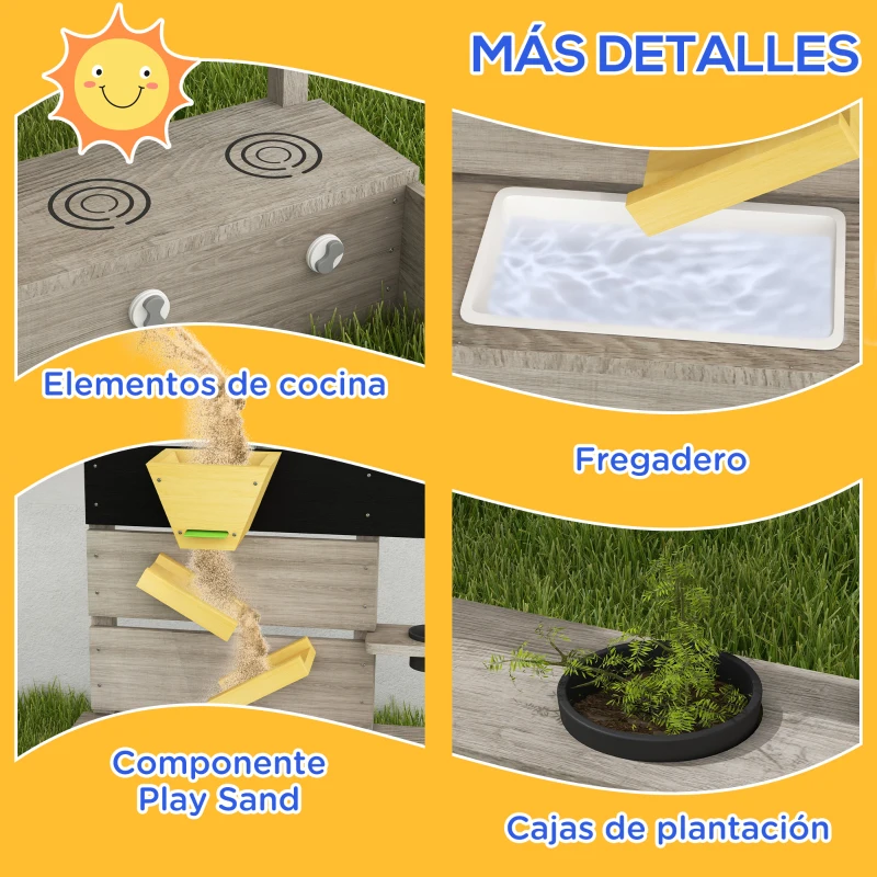 Outsunny Arenero Infantil con 2 Asientos 2 Cajas para Plantar y Juguete de Cocina para Patio Jardín 154x80x60 cm Gris