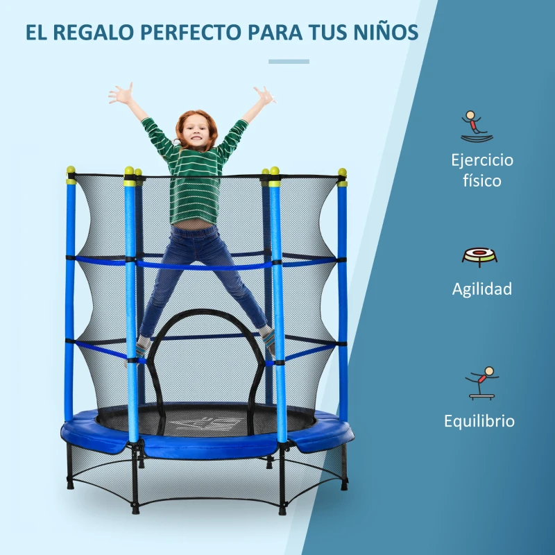 HOMCOM Cama Elástica Infantil 140x160 cm Trampolín para Niños de +3 Años con Red de Seguridad y Marco de Acero para Interior y Exterior