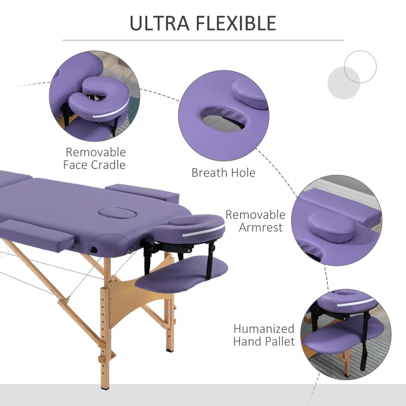 HOMCOM Lettino da Massaggio Portabile Massagio Fisioterapia Pieghevole con 2 Zone 182 x 60cm Viola