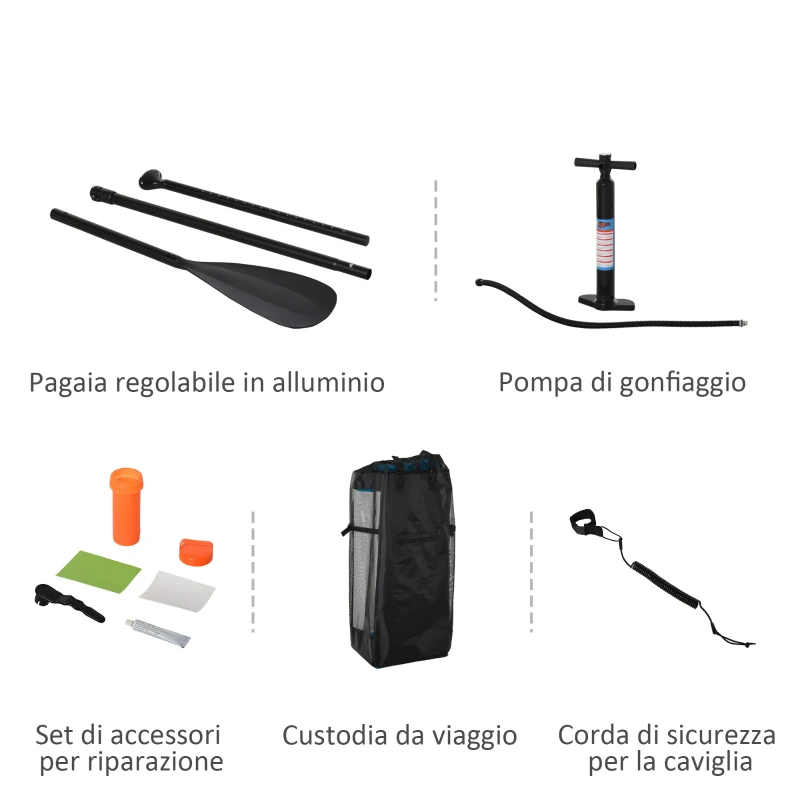 HOMCOM Tavola SUP Gonfiabile con Accessori Inclusi, Tavola da Surf Stand Up Paddle Board per Adulti e Teenager, 305x75x15cm Verde e Bianco