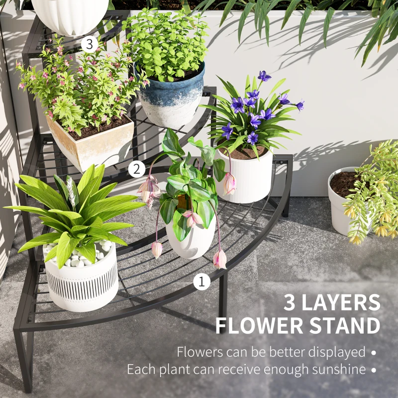 Outsunny Three-Tier Corner Metal Plants Shelves - Black