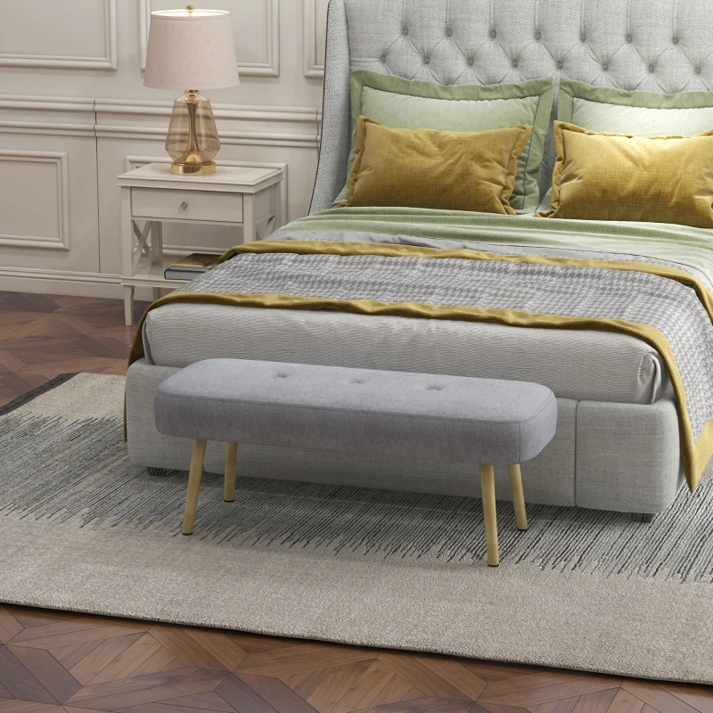 HOMCOM Panca Imbottita Fondo Letto in Tessuto con Gambe in Acciaio Effetto Legno, 114x38x45cm, Grigio