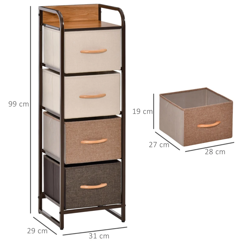 HOMCOM Cómoda para Dormitorio con 4 Cajones Plegables Parte Superior de Madera y Marco Metálico 31x29x99 cm Multicolor