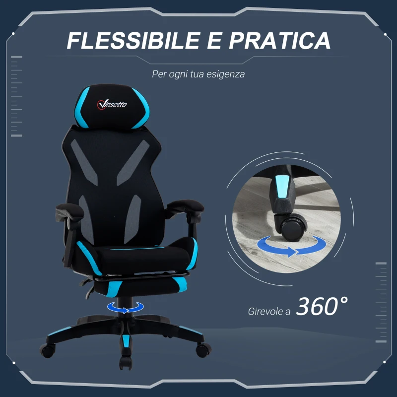 Vinsetto Sedia da Gaming con Supporto Lombare, Sedia Ufficio Ergonomica con Altezza Regolabile in Tessuto Nero e Blu, 65x65x119-129cm