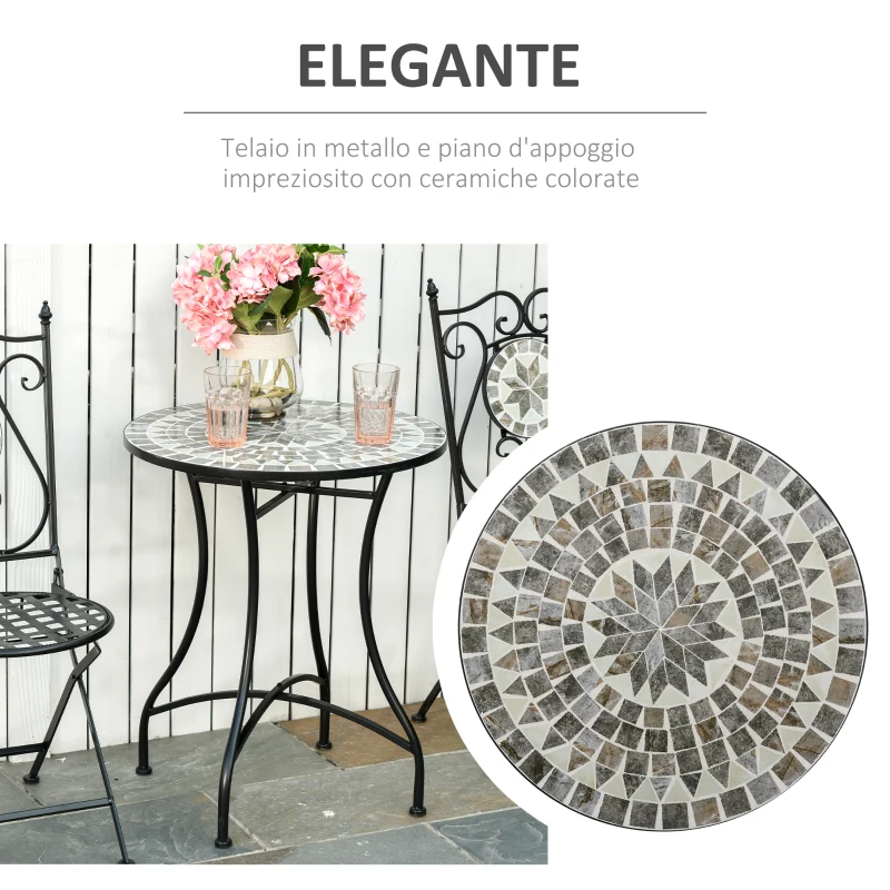 Outsunny Tavolino da Giardino Piccolo in Metallo e Ceramica, Tavolino con Mosaico da Esterno per Terrazzo o Balcone, Ф60x71cm, Grigio Nero