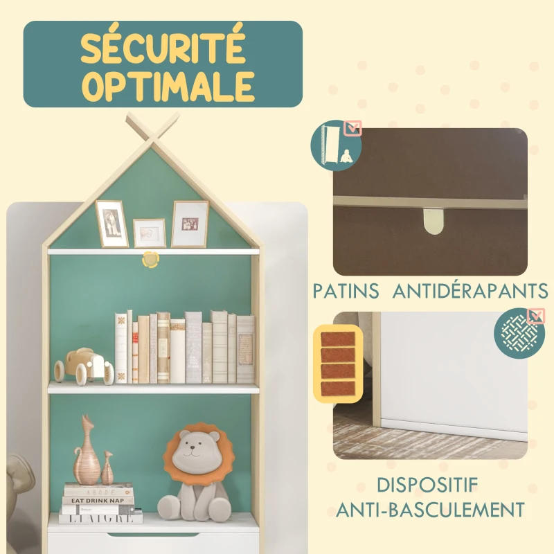 AIYAPLAY Bibliothèque enfant 3 étagères 1 tiroir style scandinave meuble de rangement forme de maison 50l x 30P x 119,5H cm, vert