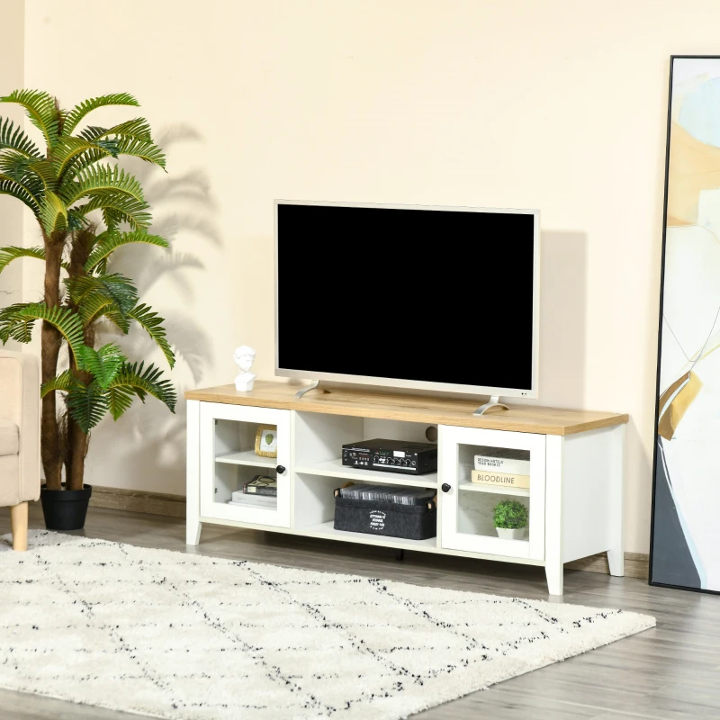 HOMCOM Meuble banc TV rangement avec 2 portes et 2 niches 140 x 39,5 x 50 cm - passe-câbles - en MDF - blanc
