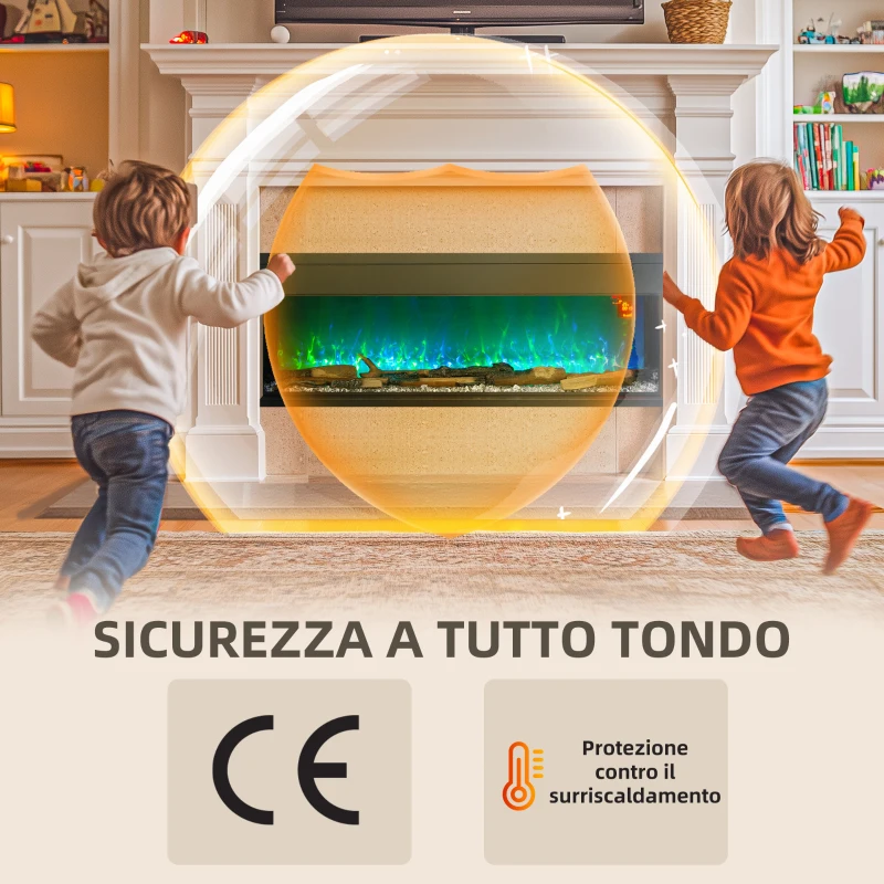 HOMCOM Camino Elettrico da Incasso e Parete 1800W con Fiamme Colorate LED Regolabili, Temperatura fino 40°C, Nero