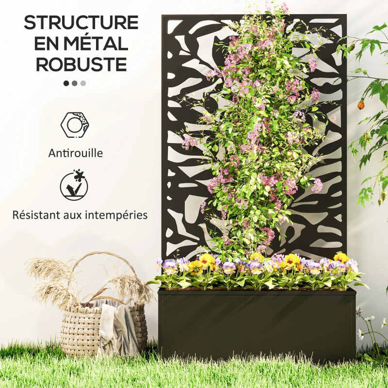 Outsunny Jardinière avec treillis bac à fleurs rectangulaire grande taille panneau d'intimité métal 61 x 23 x 113 cm noir
