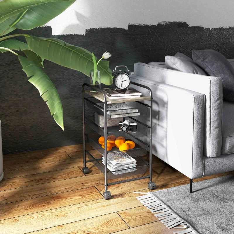 HOMCOM Carrito Multiusos con Ruedas 4 Bandejas Extraíbles y Tablero de Madera para Salón Cocina 41,5x31x66 cm Negro