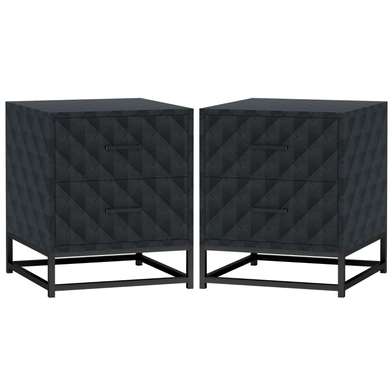 HOMCOM Bedside Tables Set of 2, Modern Bedside Table Nightstand with 2 Drawers, Bedside Cabinet Sofa Side Table with Storage, Steel Legs for Bedroom, Living Room, Black