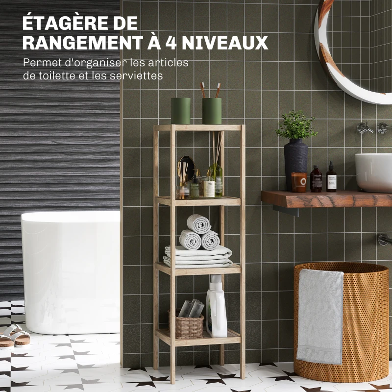 HOMCOM Étagère salle de bain rangement, meuble salle de bain en bambou à 4 niveaux, dim. 33 x 31 x 110 cm, naturel