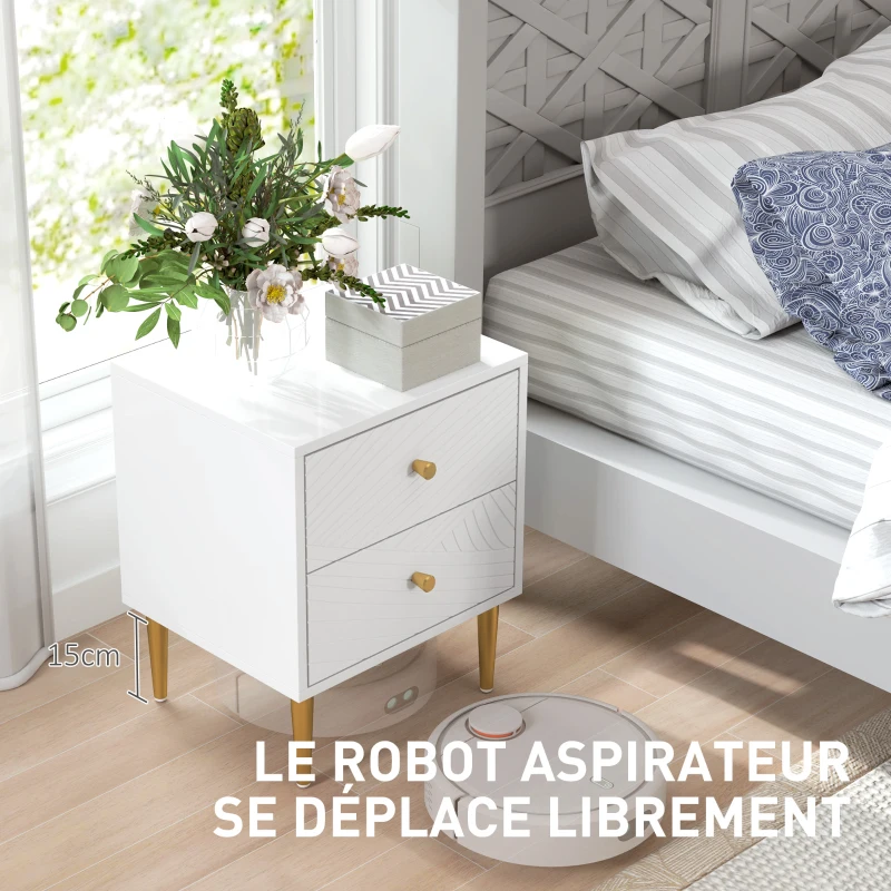 HOMCOM Table de chevet table de nuit avec 2 tiroirs poignées, pieds en acier pour chambre à coucher salon 40 x 35 x 50 cm blanc