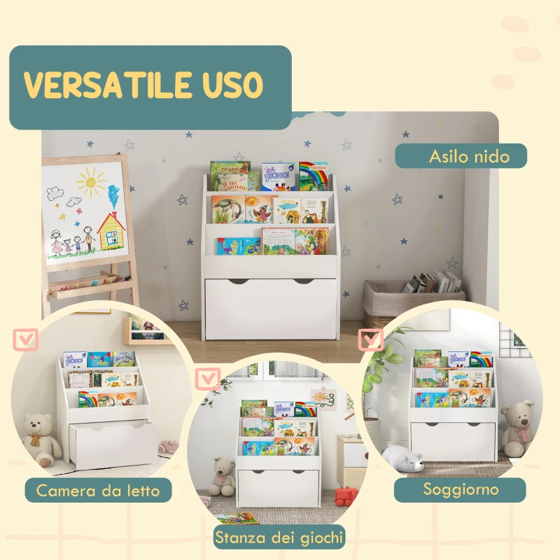 AIYAPLAY Libreria per Bambini 3-8 Anni a 3 Ripiani con Cassetto Inferiore, in MDF, 62.5x30x70 cm, Bianco