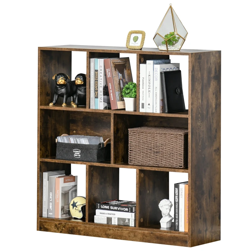 HOMCOM Libreria Moderna a 3 Ripiani con 8 Vani, Mobile da Ingresso, Soggiorno e Camera, 97.5x30x100cm, Marrone Rustico