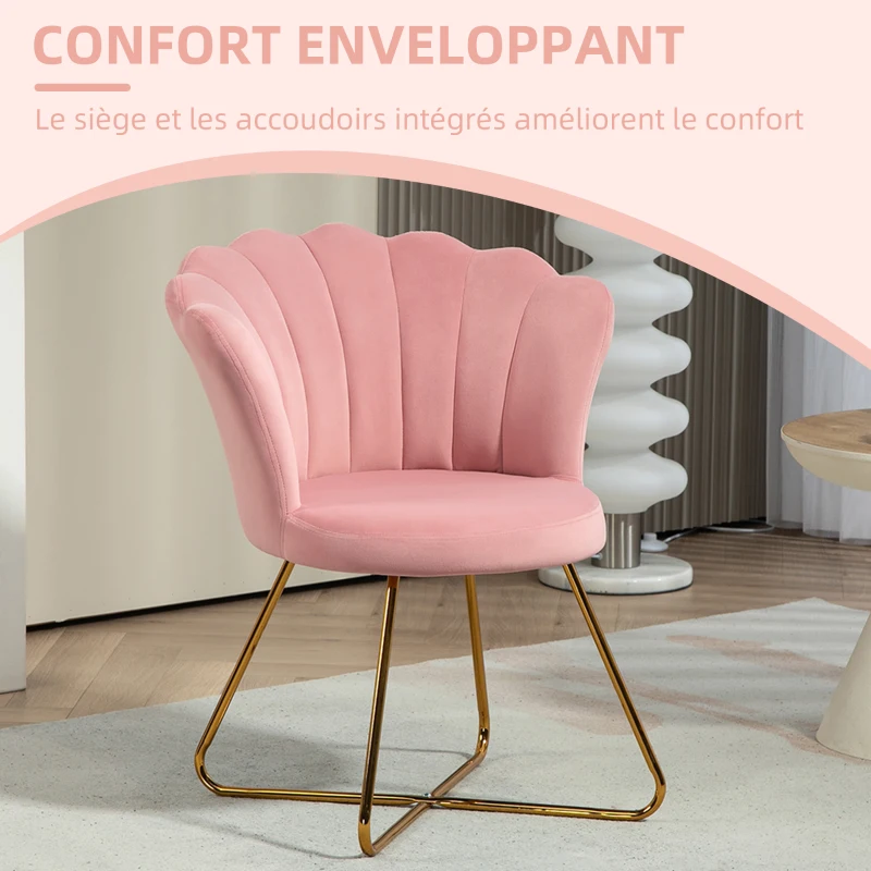 HOMCOM Fauteuil coquillage chaise coiffeuse fauteuil en velours fauteuil de salon avec pieds en acier 69 x 64 x 80 cm rose