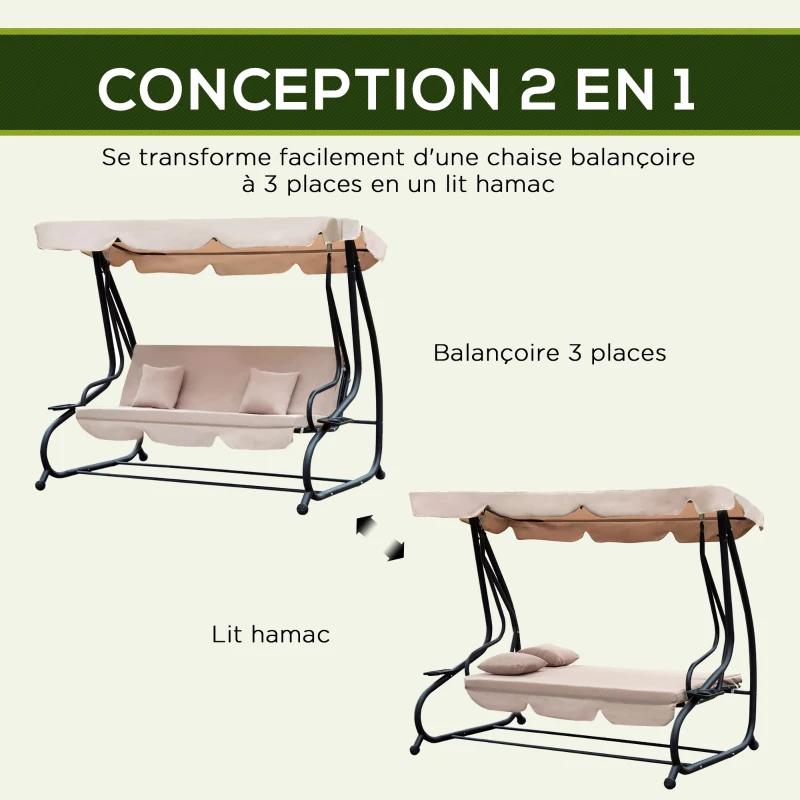 Outsunny Balancelle de Jardin 3 Places Convertible Toit Inclinaison réglable 2 tablettes Support 2L x 1,2l x 1,64H m métal époxy Noir Polyester Beige