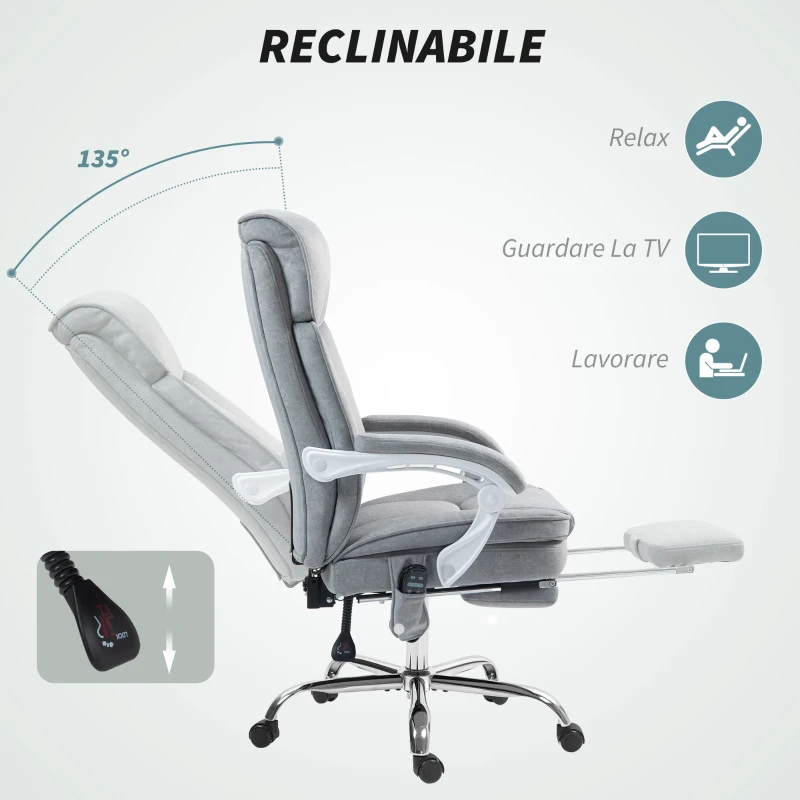 HOMCOM Sedia da Ufficio Massaggiante e Riscaldata con Schienale Reclinabile e Poggiapiedi Estraibile, Grigio