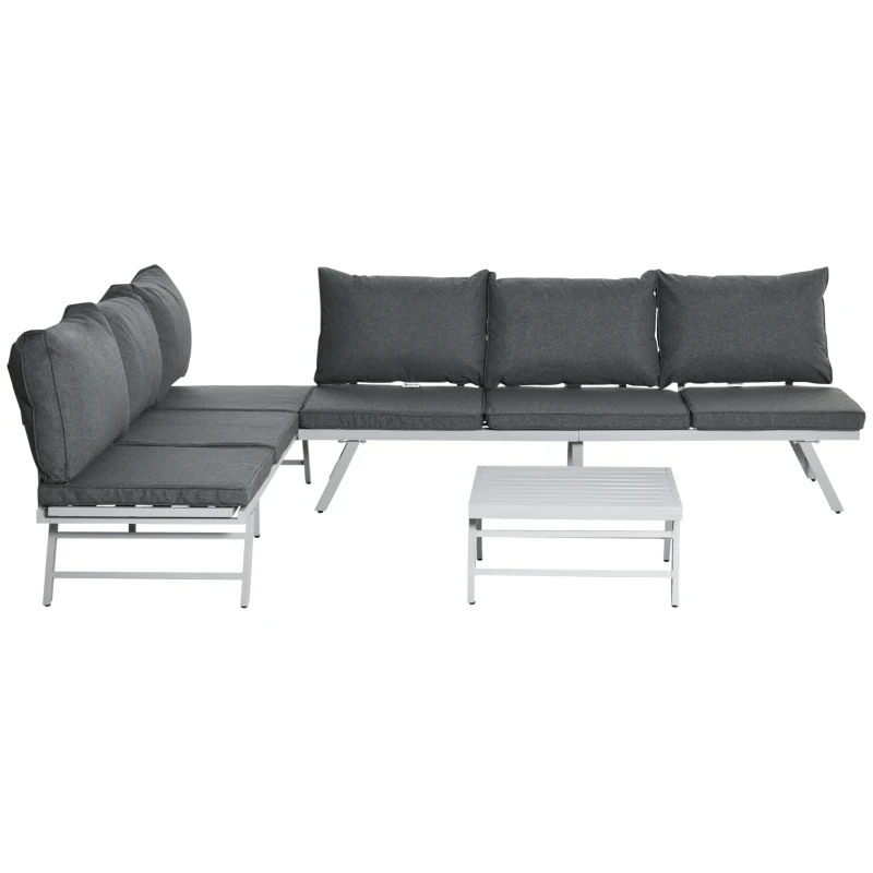 Outsunny 3 Pieces Garden Furniture Sets, 6 Seater Corner Sofa Set with Adjustable Backrest Chase Lounge with Slatted Metal Top Table, Padded Cushion, Grey