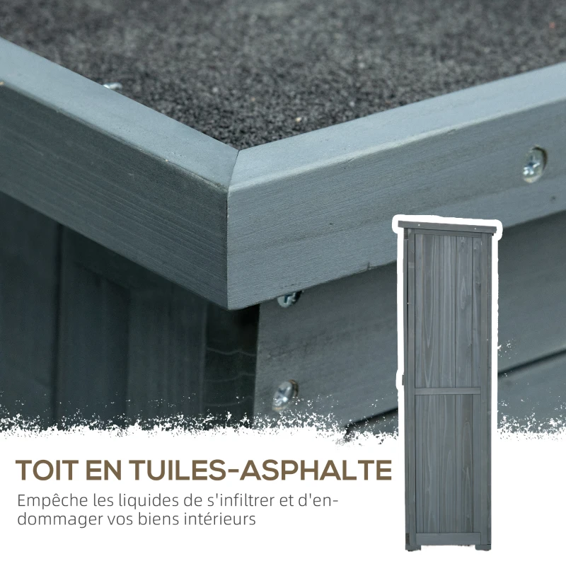 Outsunny Armoire de jardin remise pour outils en bois 2 étagères toit bitumé portes persiennes 87 x 47 x 160 gris