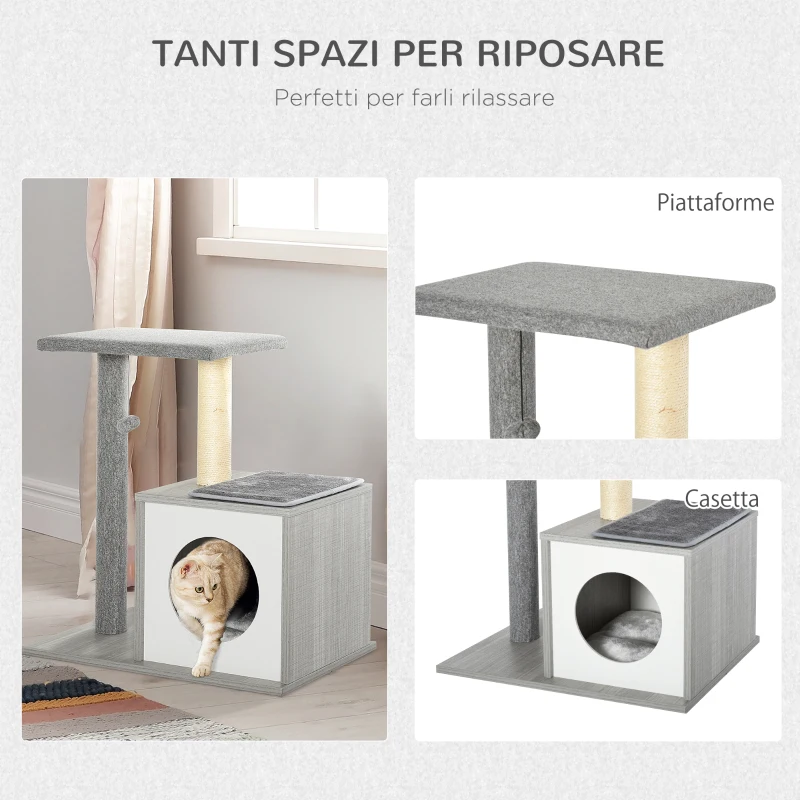 PawHut Albero Tiragraffi Multilivello per Gatti e Gattini con Cuccia e Colonna in Corda Sisal, Grigio, 59 x 39 x 62cm
