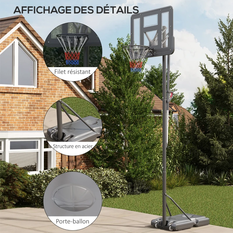 SPORTNOW Panier de basket sur pied hauteur réglable de 2,35m à 3,05m avec roulettes, panneau arrière solide, Base de Lestage