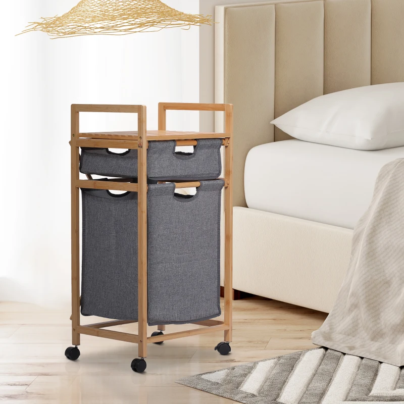HOMCOM Cesto Portabiancheria con 2 Scomparti e Ruote, Sacchi in Tessuto e Struttura in Bambù, 42x35x84.5cm