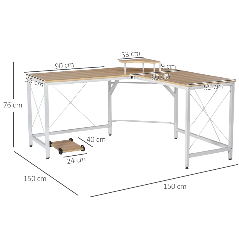 HOMCOM Mesa de Escritorio en Forma de L con Soporte de Monitor Estante y Estructura en X 150x150x76 cm Madera y Blanco