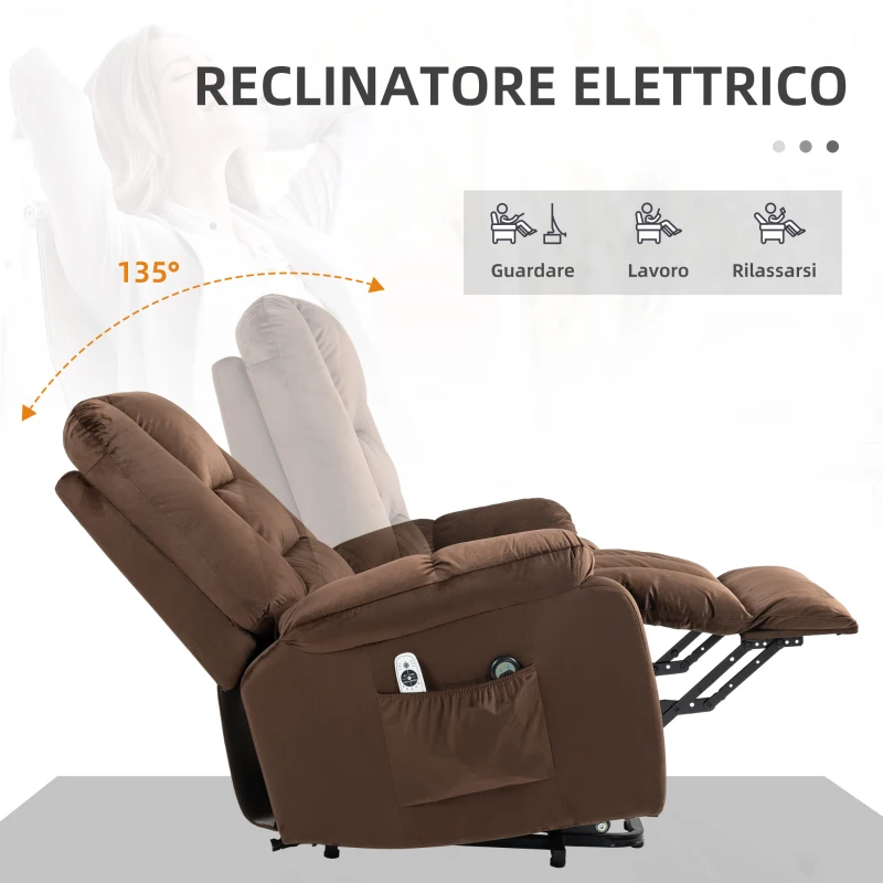 HOMCOM Poltrona Relax Alzapersona Reclinabile, Massaggiante e Riscaldata in Velluto, Marrone
