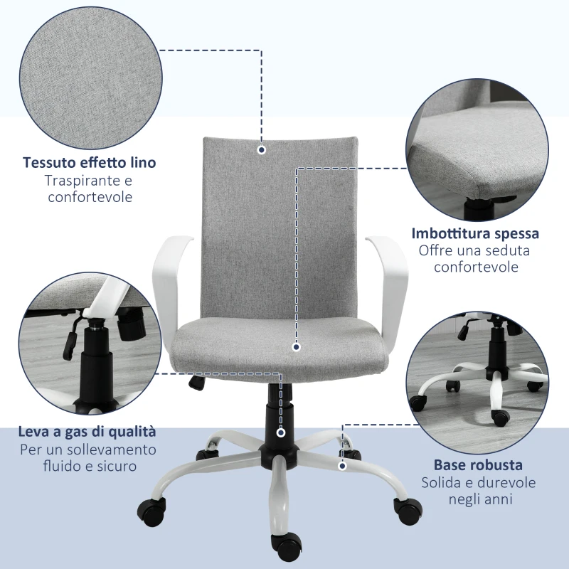 Vinsetto Sedia da Ufficio Ergonomica a Dondolo, Sedia da Studio Girevole, Poltrona Scrivania con Altezza Regolabile in Tessuto, 61x61x89-99 cm, Grigio Chiaro