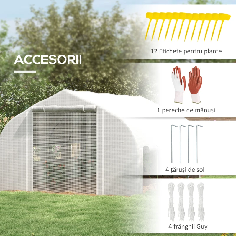 Outsunny Sera Cabina 4 x 3 m, Pereti Laterali Rulabili cu Fermoar, Usa cu Plasa, 8 Ferestre cu Plasa, Cort Tunel de Sera(m-7)