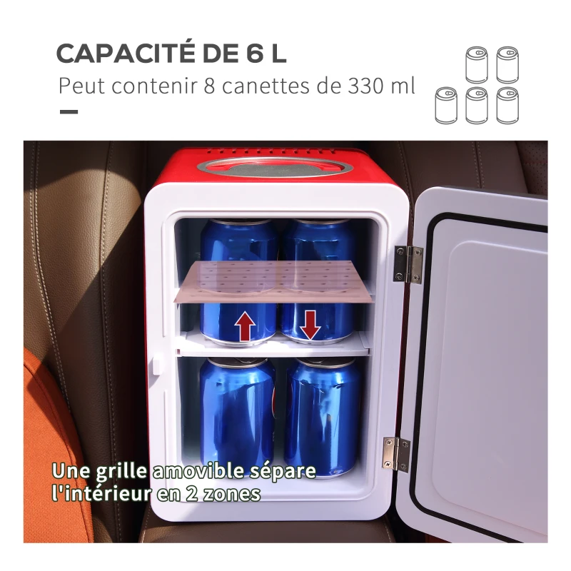 Outsunny Mini réfrigérateur 6L 8 canettes 330ml AC 240V DC 12V petit réfrigérateur portable refroidit et réchauffe