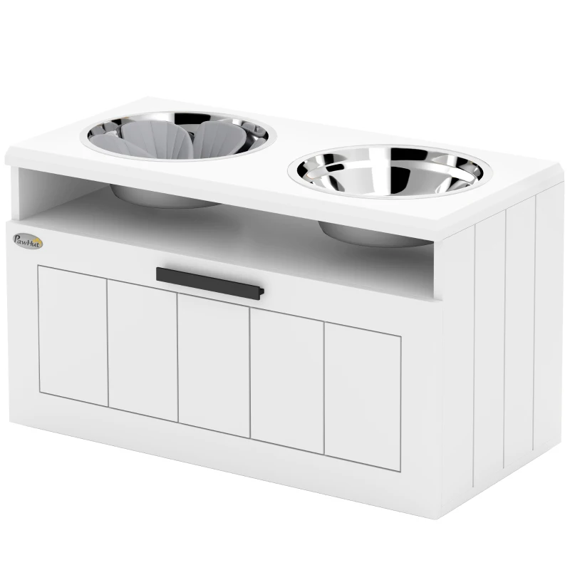 PawHut Raised Dog Bowl with Slow Feeder, Two Stainless Steel Dog Bowls, Drawer, for Large and Extra Large Dogs, White