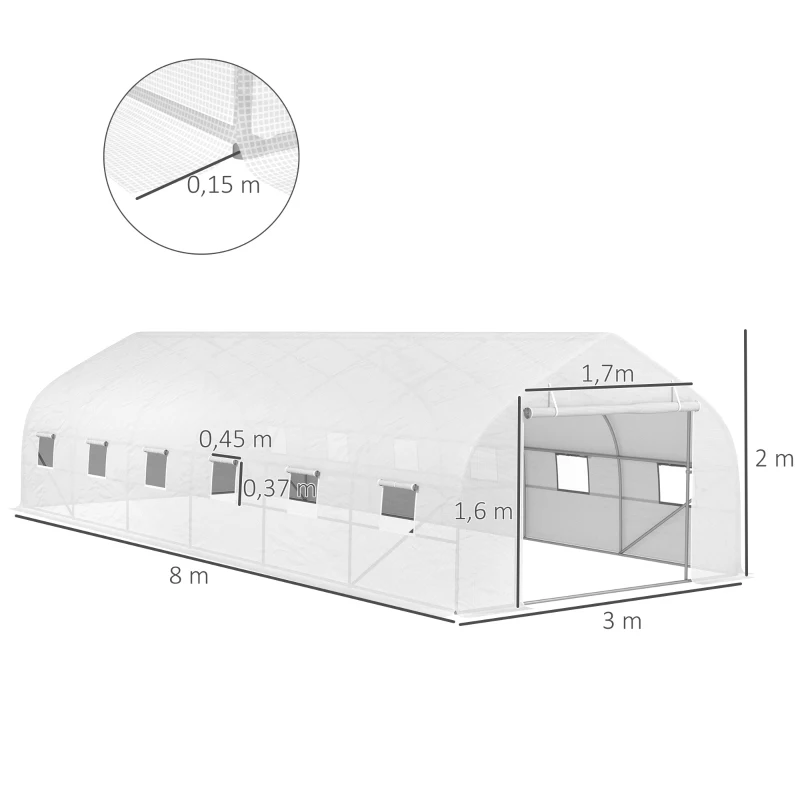 Outsunny Serre de jardin tunnel grande taille avec bâche PE cadre en acier porte enroulable et 12 fenêtres 8 x 3 x 2 m blanc