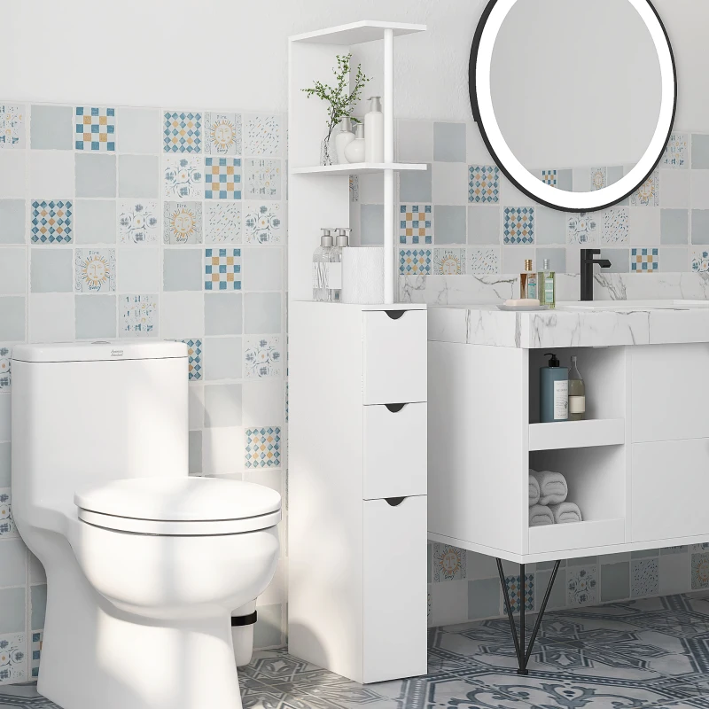 HOMCOM Meuble colonne salle de bain armoire de salle de bain avec tiroirs étagères ouvertes placard 15 x 33 x 136,5 cm blanc