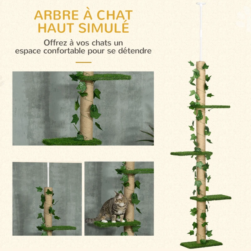 PawHut Arbre à chat poteau à griffer fixation plafond hauteur réglable 37 x 21 x 202- 242 cm 4 niveaux vert