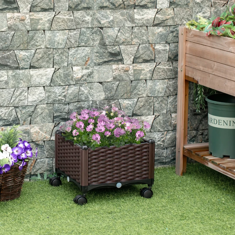 Outsunny Jardinière sur roulettes dim. 40L x 40l x 31H cm Insert d'irrigation Plastique Imitation rotin tressé Chocolat