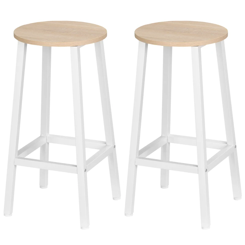 HOMCOM Set 2 Sgabelli da Cucina in Truciolato e Acciaio con Piano Liscio e Poggiapiedi, 32.5x32.5x65 cm, Bianco e Legno