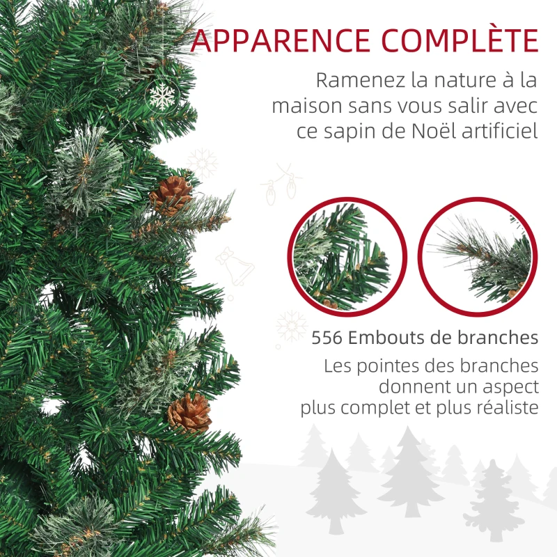 HOMCOM Sapin arbre de Noël artificiel 195 cm 556 branches avec 27 pommes de pin+ support pied pliable vert