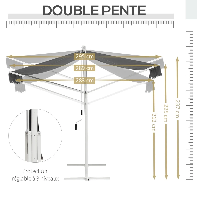 Outsunny Store Double Pente 3 x 3 m Manuel rétractable Inclinaison réglable Acier époxy Blanc Polyester imperméabilisé Anti-UV Gris