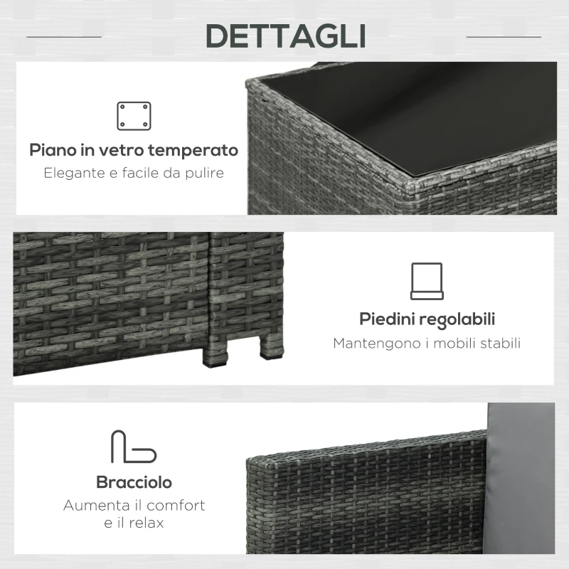 Outsunny Set da 7 Pezzi Salotto da Esterni in Rattan con Poltrona Pouf Tavolino Grigio