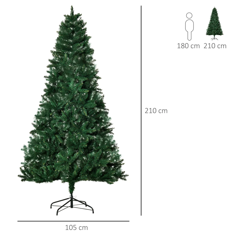 HOMCOM Albero di Natale 210cm Artificiale Pieghevole con Base Rimovibile, 1064 Rami, in PVC e Acciaio, Verde