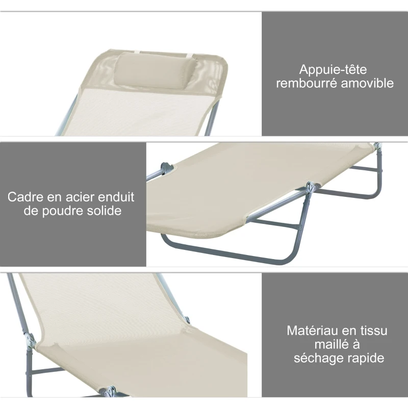 HOMCOM Chaise Longue Pliante Bain de Soleil inclinable transat textilène lit Jardin Plage 182L x 56l x 24,5H cm Beige