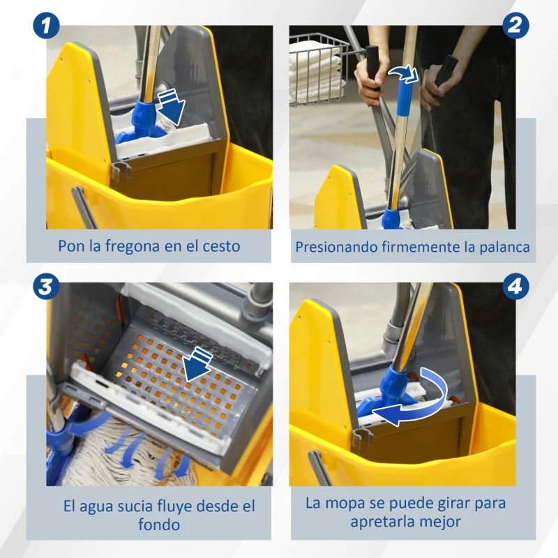 HOMCOM Cubo de Fregar con Ruedas Escurridor de Presión y Cestas de Almacenamiento Capacidad de 26 L 73x45x95 cm Amarillo