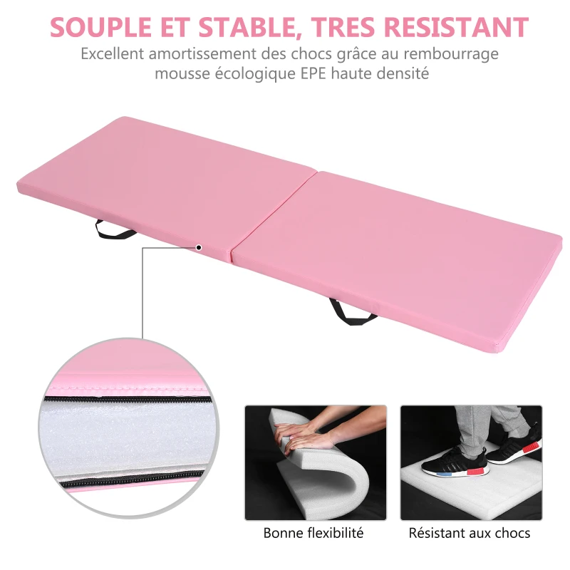 HOMCOM Tapis de gymnastique yoga pilates fitness pliable portable grand confort 180L x 60l x 5H cm revêtement synthétique rose